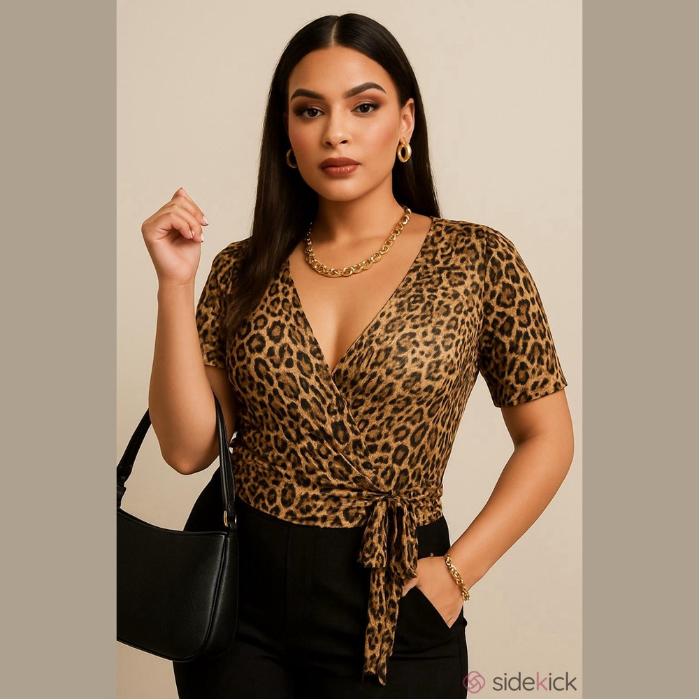 Essentials by Milano Brown Leopard Print Wrap Blouse Large